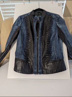 Women's Oxygen Black & Blue Mixed-Media Moto Jacket with Faux leather accents